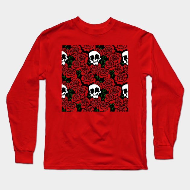 Rose & Skull Romantic Floral Pattern for Valentines Day Long Sleeve T-Shirt by Artist Rob Fuller